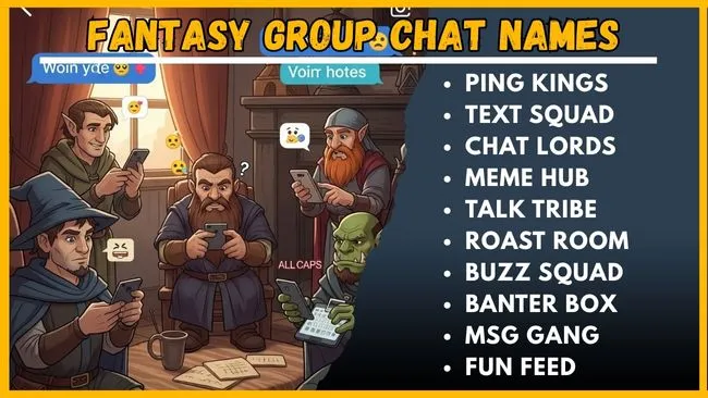 An assortment of unique and fun fantasy group chats names, presented in an eye-catching and colorful format.