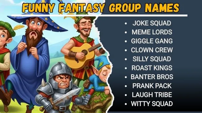 An illustrated poster featuring a variety of funny fantasy group names, designed with playful colors and fantasy elements.