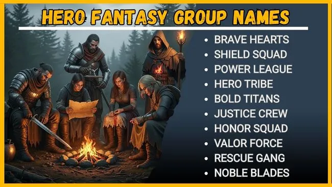 A collection of creative names for hero fantasy groups, showcasing diverse themes and character inspirations.