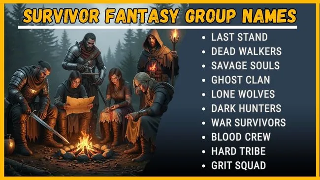 A list of creative group names for a survivor fantasy theme, featuring various imaginative titles and concepts.