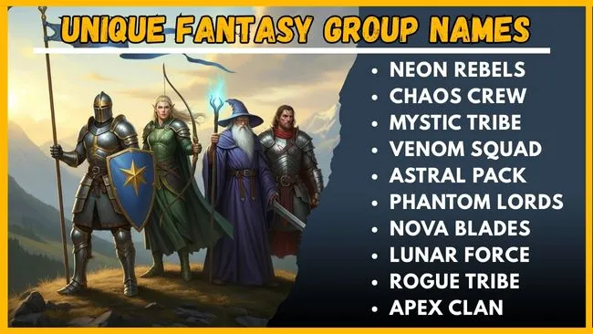 A collection of creative and unique fantasy group names displayed in an artistic format.