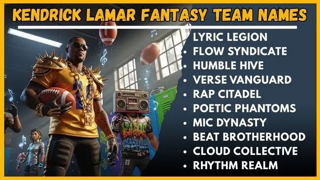 A collection of imaginative fantasy football team names themed around Kendrick Lamar's songs and artistry.