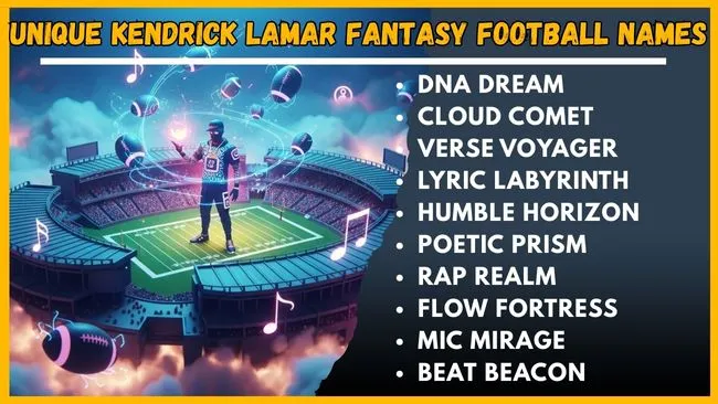 Unique Kendrick Lamar fantasy football team names creatively inspired by lyrics and artistic style.